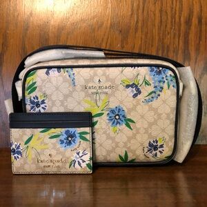NWT-Kate Spade-SET-Spade Flower Floral-Camera Bag & Card Holder-Blazer Blue-$367